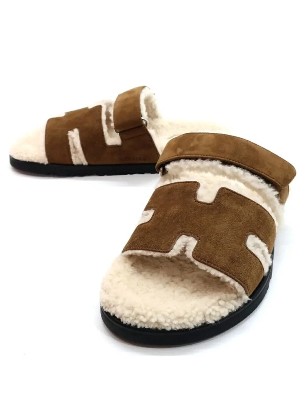 Hermes Heaven Chypre Sandals 42 Brown Fume Ecru Sheepskin Fluffy
